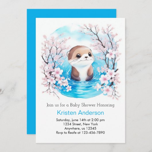 オッターブルーお洒落ブリスボーイ赤ちゃんシャワー 招待状 (正面/裏面)