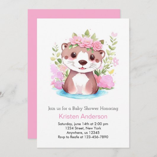 オッターメドウアドベンチャーピンクガールベビーシャワー 招待状 (正面/裏面)