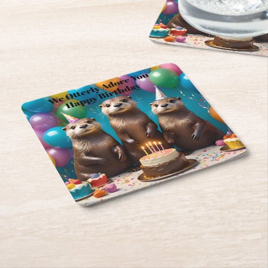 オッター三つ子は喜んで君の誕生日パーティーを祝う。 スクエアペーパーコースター (アングル)