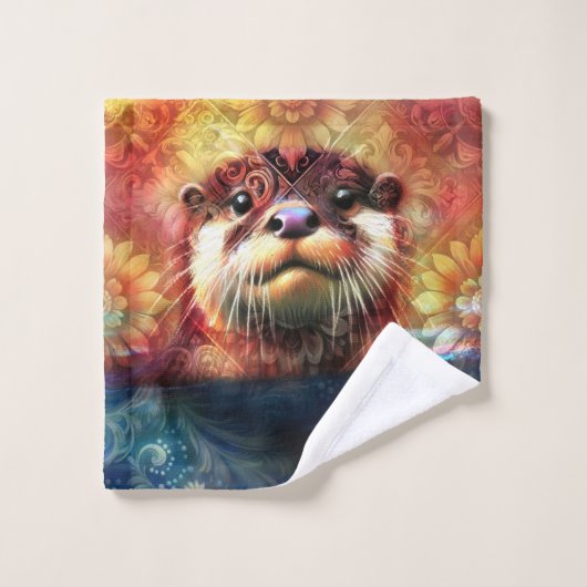 オッター抽象芸術フローラティール（緑がかった色）オレンジレッドブラウンオッターズ ウォッシュタオル (ウォッシュタオル)