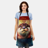 オッター抽象芸術フローラティール（緑がかった色）オレンジレッドブラウンオッターズ エプロン (着用した状態)