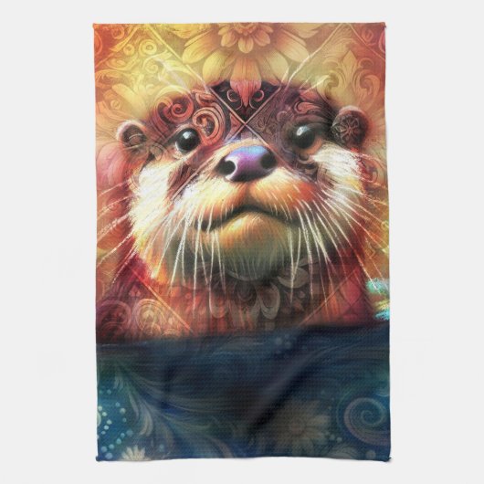 オッター抽象芸術フローラティール（緑がかった色）オレンジレッドブラウンオッターズ キッチンタオル (縦)