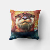 オッター抽象芸術フローラティール（緑がかった色）オレンジレッドブラウンオッターズ クッション (裏面)