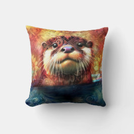 オッター抽象芸術フローラティール(緑がかった色)オレンジレッドブラウンオッターズ クッション