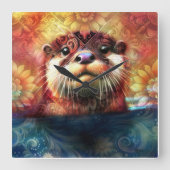 オッター抽象芸術フローラティール（緑がかった色）オレンジレッドブラウンオッターズ スクエア壁時計 (正面)