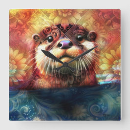 オッター抽象芸術フローラティール(緑がかった色)オレンジレッドブラウンオッターズ スクエア壁時計