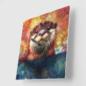 オッター抽象芸術フローラティール（緑がかった色）オレンジレッドブラウンオッターズ スクエア壁時計 (傾斜)