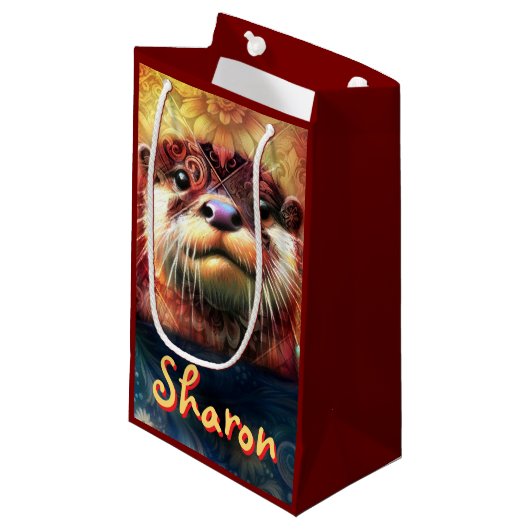 オッター抽象芸術フローラティール（緑がかった色）オレンジレッドブラウンオッターズ スモールペーパーバッグ (正面アングル)