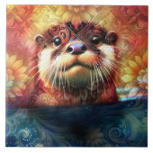 オッター抽象芸術フローラティール（緑がかった色）オレンジレッドブラウンオッターズ タイル (正面)