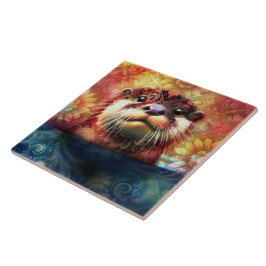 オッター抽象芸術フローラティール(緑がかった色)オレンジレッドブラウンオッターズ タイル