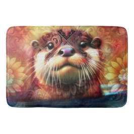 オッター抽象芸術フローラティール(緑がかった色)オレンジレッドブラウンオッターズ バスマット