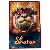 オッター抽象芸術フローラティール(緑がかった色)オレンジレッドブラウンオッターズ ミディアムペーパーバッグ (正面)