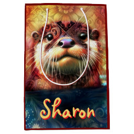 オッター抽象芸術フローラティール（緑がかった色）オレンジレッドブラウンオッターズ ミディアムペーパーバッグ