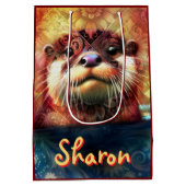 オッター抽象芸術フローラティール(緑がかった色)オレンジレッドブラウンオッターズ ミディアムペーパーバッグ (裏面)