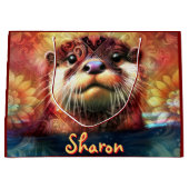 オッター抽象芸術フローラティール（緑がかった色）オレンジレッドブラウンオッターズ ラージペーパーバッグ (正面)