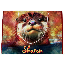 オッター抽象芸術フローラティール（緑がかった色）オレンジレッドブラウンオッターズ ラージペーパーバッグ