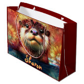 オッター抽象芸術フローラティール（緑がかった色）オレンジレッドブラウンオッターズ ラージペーパーバッグ (裏面アングル)