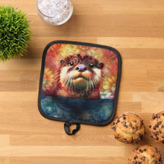 オッター抽象芸術フローラティール(緑がかった色)オレンジレッドブラウンオッターズ 鍋敷き (トップダウン)