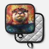 オッター抽象芸術フローラティール(緑がかった色)オレンジレッドブラウンオッターズ 鍋敷き (正面/裏面)