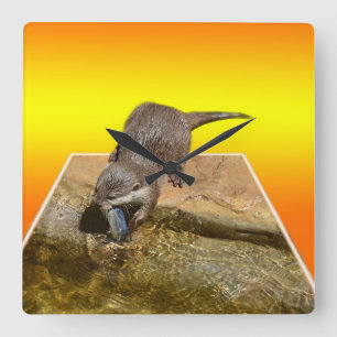 オッター食べの美味しい魚ポップアウトアートウォールクロック スクエア壁時計