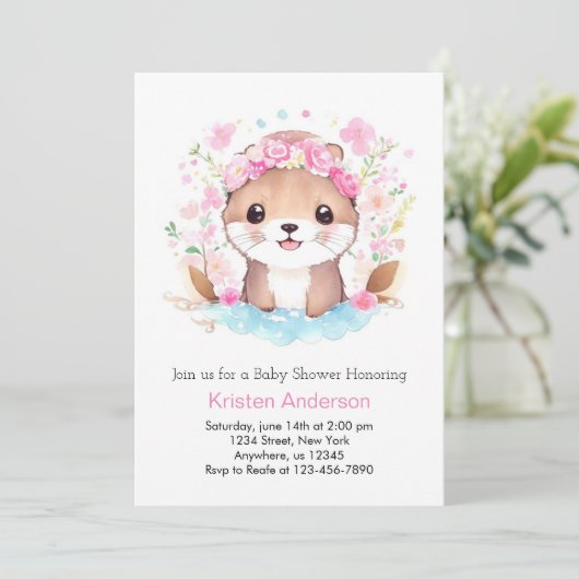 オッター魔法アドベンチャー待ちピンクガール赤ちゃんシャワー 招待状 (スタンド正面)