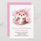 オッター魔法ピンクワイルドフラワーガールベビーシャワー 招待状 (正面/裏面)