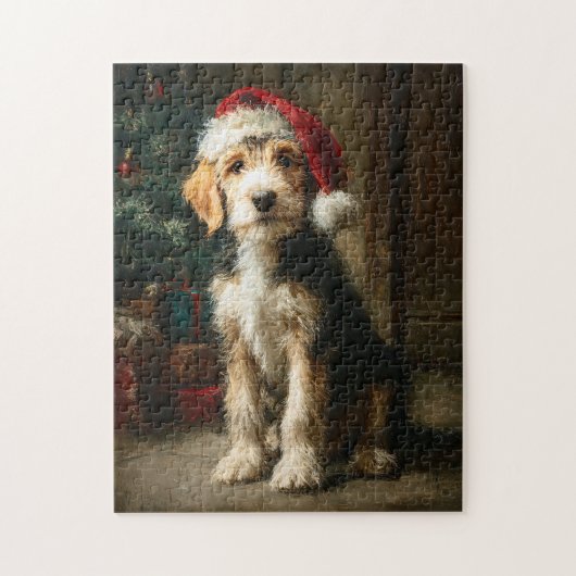 オッター・ハウンドの子犬のクリスマスの絵 ジグソーパズル (縦)