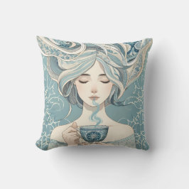 オットマンタイルのお茶の女性 – 柔らかい青の流れ クッション