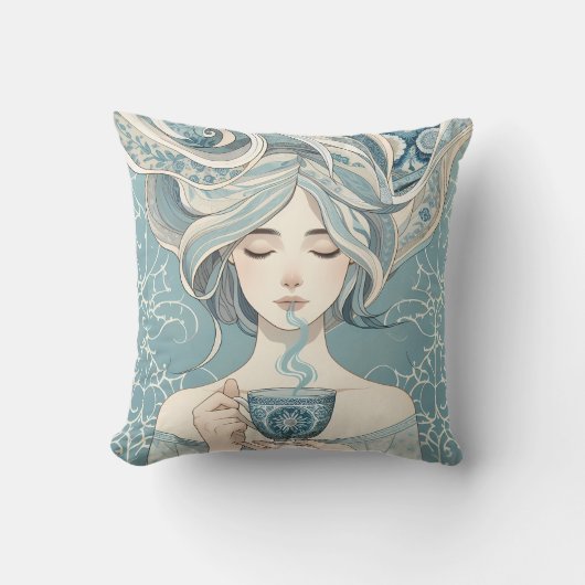 オットマンタイルのお茶の女性 – 柔らかい青の流れ クッション (正面)