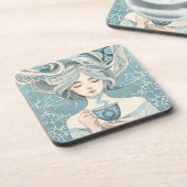 オットマンタイルのお茶の女性 – 柔らかい青の流れ コースター (左側)