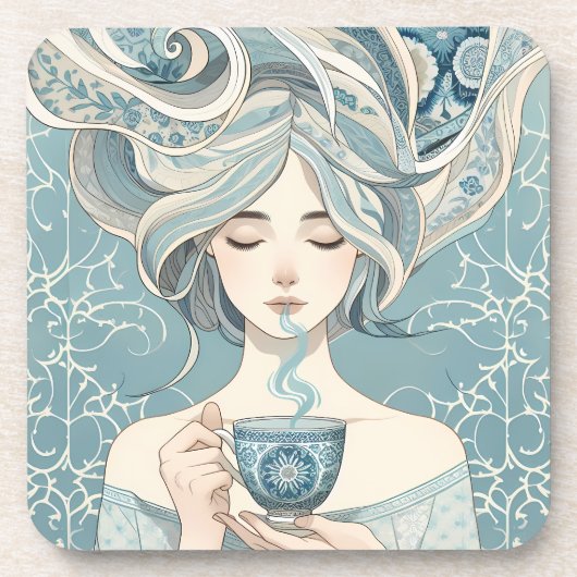 オットマンタイルのお茶の女性 – 柔らかい青の流れ コースター (正面)