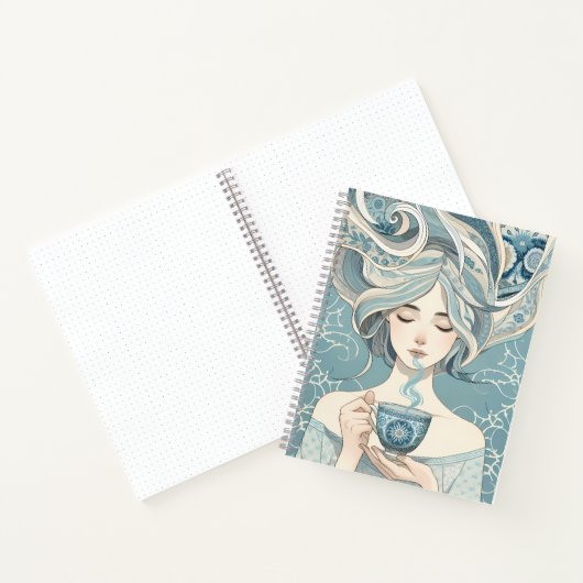 オットマンタイルのお茶の女性 – 柔らかい青の流れ ノートブック (内部)