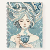 オットマンタイルのお茶の女性 – 柔らかい青の流れ ノートブック (正面)