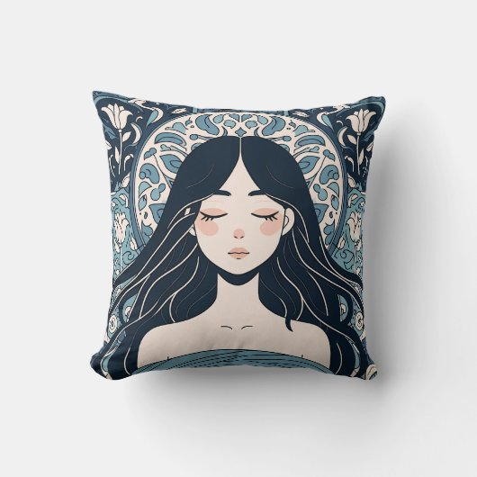 オットマンタイルガール – セレーンブルーフローラオーラ クッション (正面)