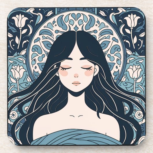 オットマンタイルガール – セレーンブルーフローラオーラ コースター (正面)