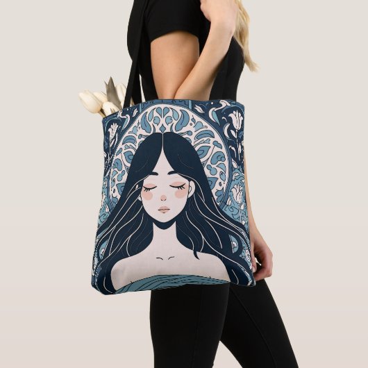 オットマンタイルガール – セレーンブルーフローラオーラ トートバッグ (クローズアップ)