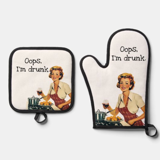 オップスアイズダンク皮肉レトロ主婦 鍋つかみ&鍋敷きセット (正面)