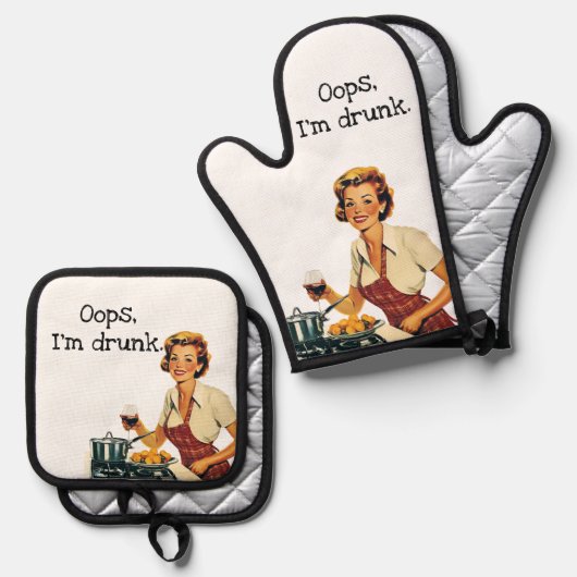 オップスアイズダンク皮肉レトロ主婦 鍋つかみ&鍋敷きセット (正面/裏面)