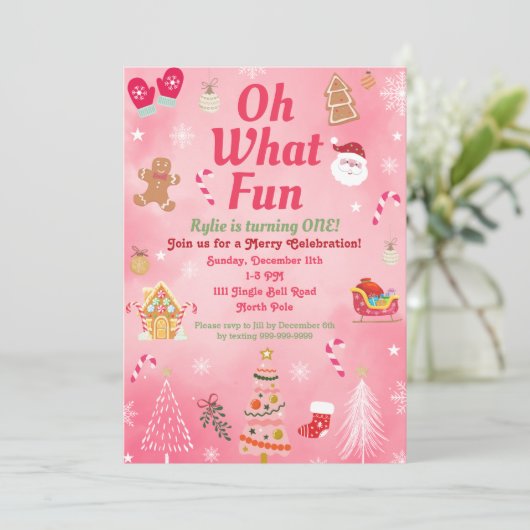 オッホーおもしろいピンククリスマス誕生日招待状 招待状 (スタンド正面)