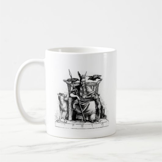 オディンの石の玉座に佇むワタリガラス 北欧神話 石像 コーヒーマグカップ (左)