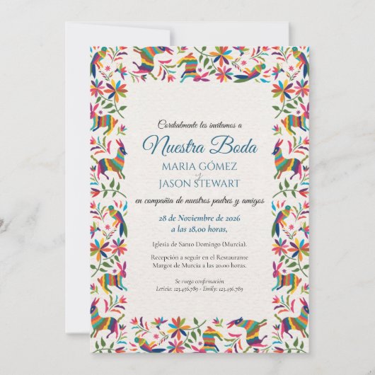 オトミ・テナンゴのカラフルな民族芸術スペインの結婚式 招待状 (正面)