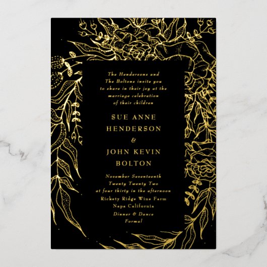 オニエレガントックスブラックタキシード金ゴールドリース結婚ズ 箔招待状 (正面)
