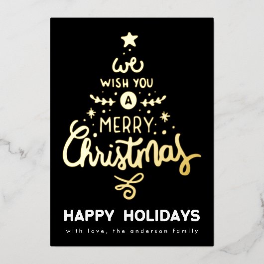 オニキス金ゴールド私たちは喜んでクリスマスの木を願う 箔シーズンカード (正面)