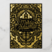 オニックスブラック金ゴールドの葉&ベリーメリークリスマス 箔シーズンカード (正面)