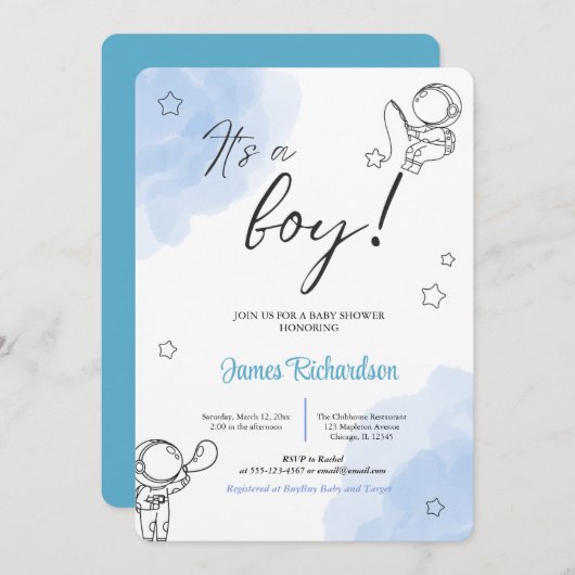 オニーニョeualiptos modernos globos azules bebe 招待状 (正面/裏面)