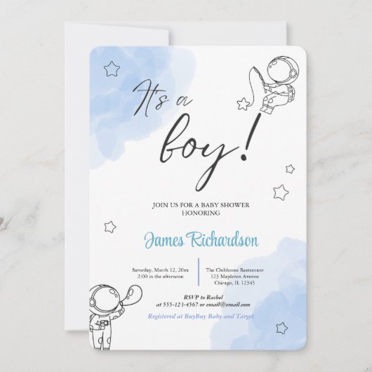 オニーニョeualiptos modernos globos azules bebe 招待状 (正面)