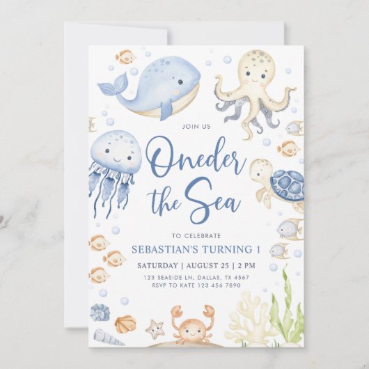 オネダザシー海アニマルズボーイ1st誕生日 招待状 (正面)