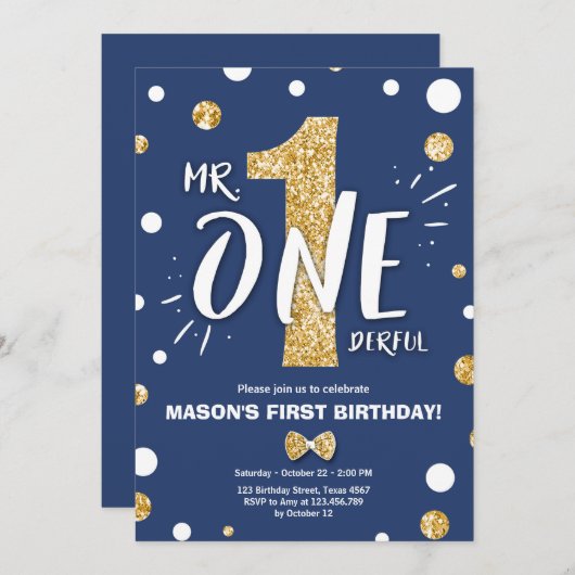 オネダーフル王室のボーイブルー金ゴールド第一誕生日 招待状 (正面/裏面)