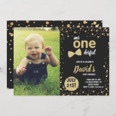 オネダーフル金ゴールド少年1歳の誕生日と写真 招待状 (正面/裏面)