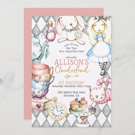 オネダーランドティーファースト誕生日ティーパーティの招待状 招待状 (正面/裏面)